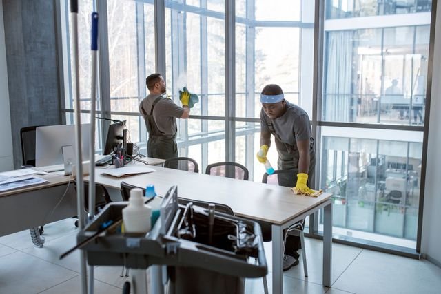 Professional cleaners working in an office